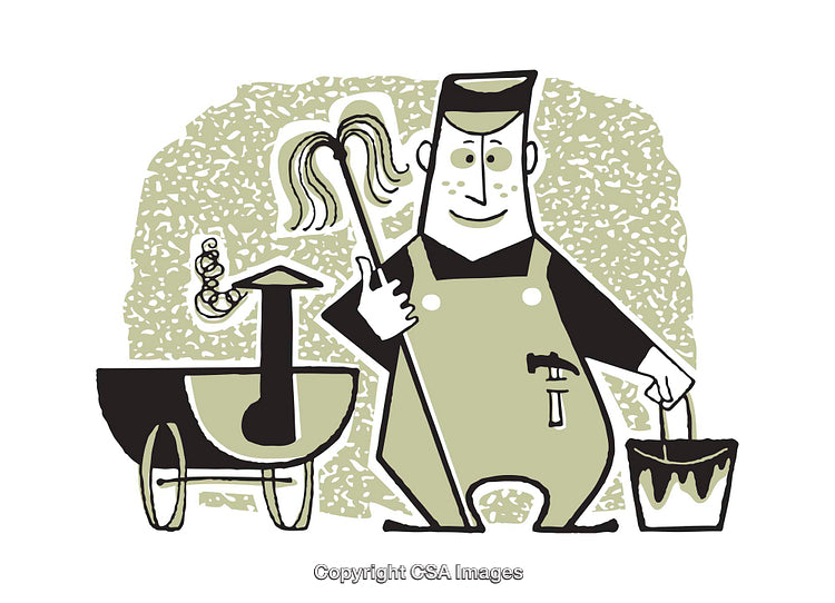Cartoon Janitor with Mop, Bucket, and Cleaning Equipment in a Snappy Style