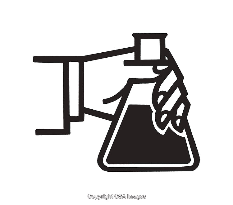Hand Holding Laboratory Flask in Black and White Line Art Illustration