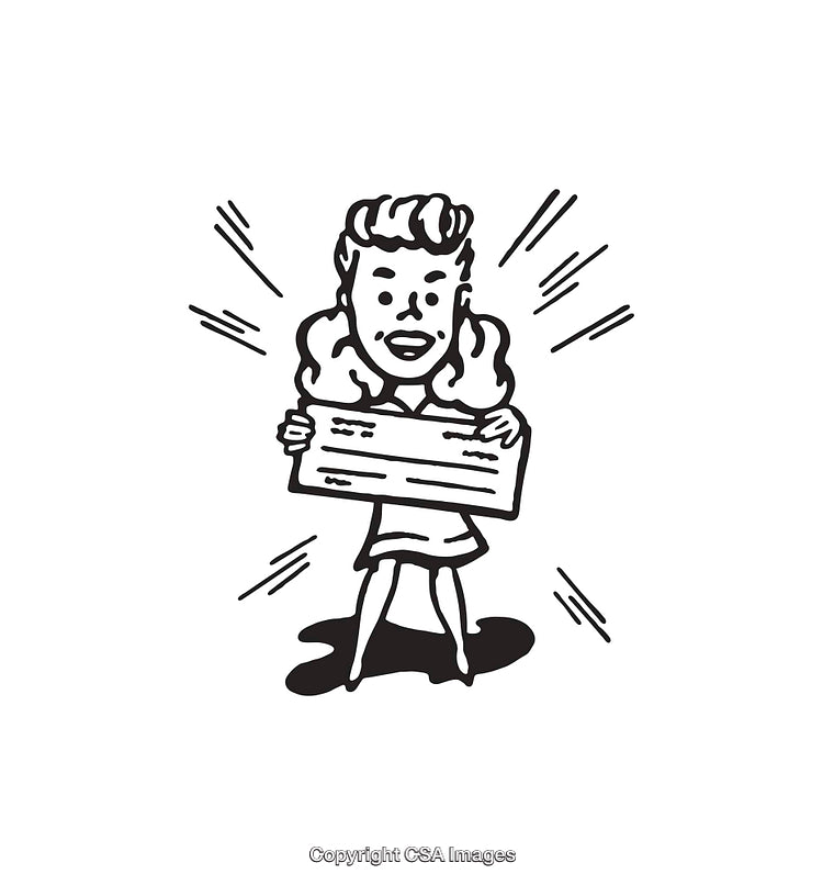 Excited Woman Presenting a Large Check in Vintage Line Art Style