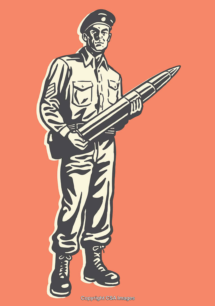 Retro-Style Illustration of Soldier Holding a Large Ammunition Shell