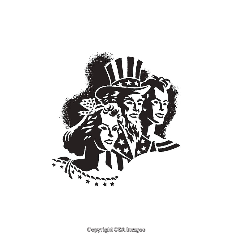 Patriotic Line Art Faces with American Symbols in Black and White