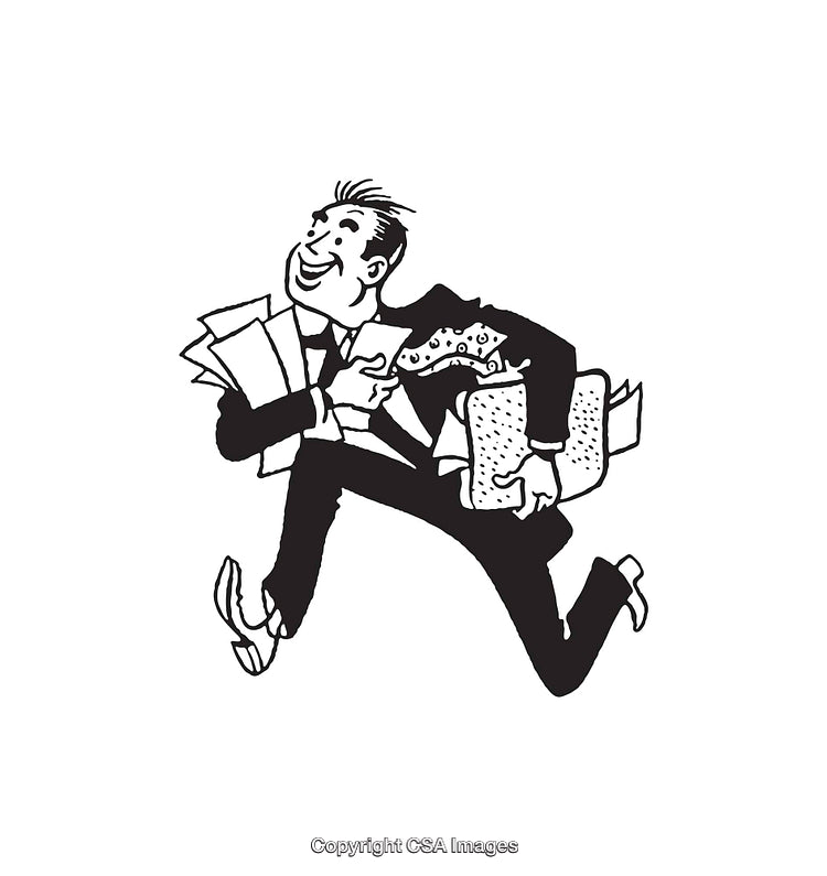 Retro Style Businessman Running With Papers and Briefcase