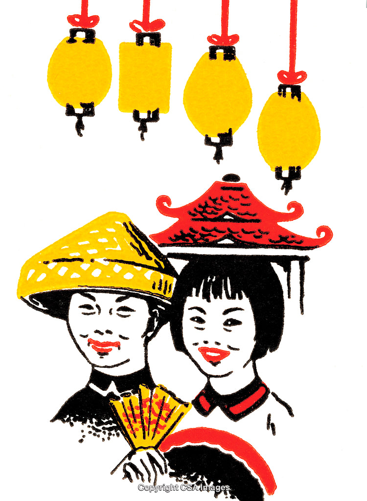 Traditional Cultural Celebration Featuring Lanterns and Smiling Figures in Vibrant Colors