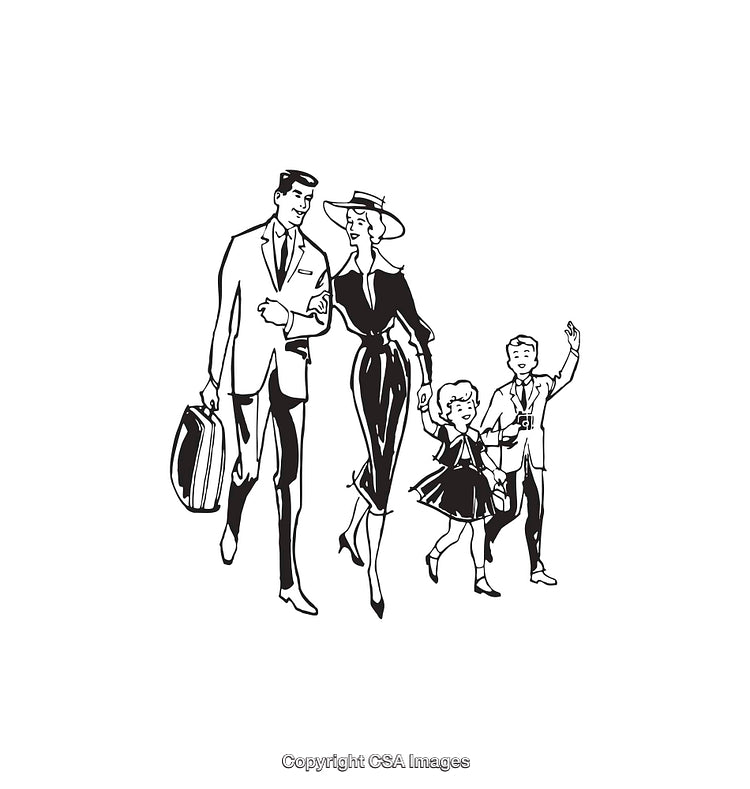 Elegant Family Strolling in Classic Fashion Line Art Illustration