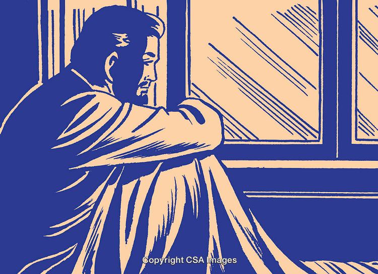 Illustrated Man Sitting by Window in Reflective Thoughtful Pose