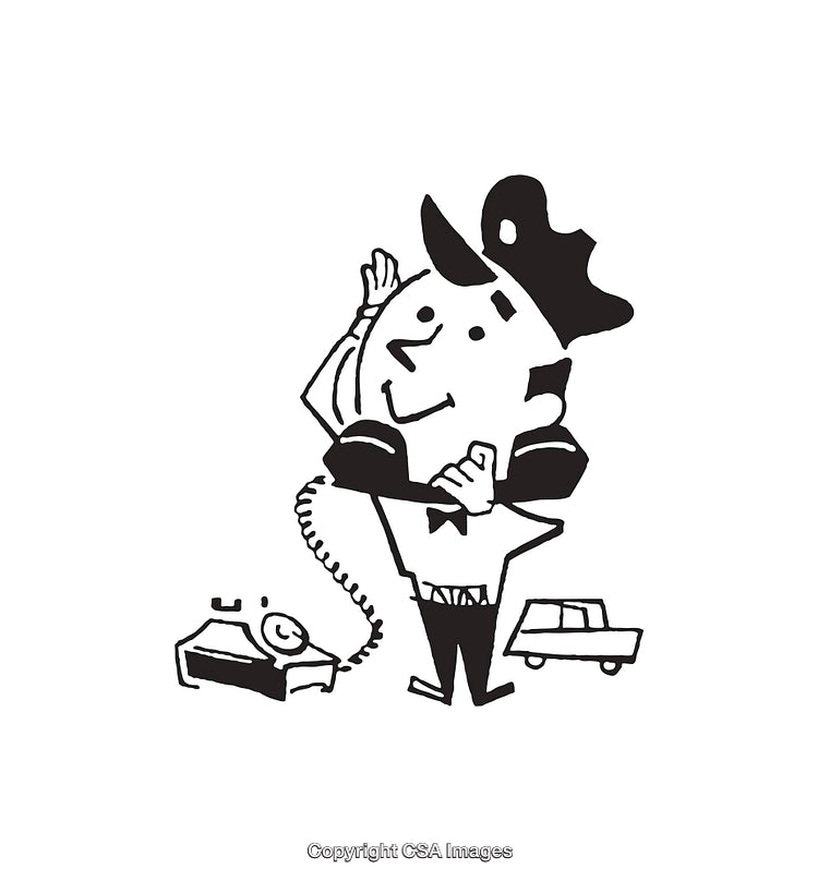 Retro Black and White Drawing of a Man Using a Landline Phone