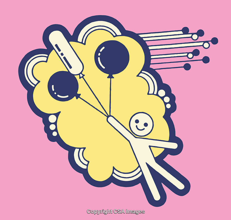 Whimsical Character Floating With Balloons in Doodle Line Art Style