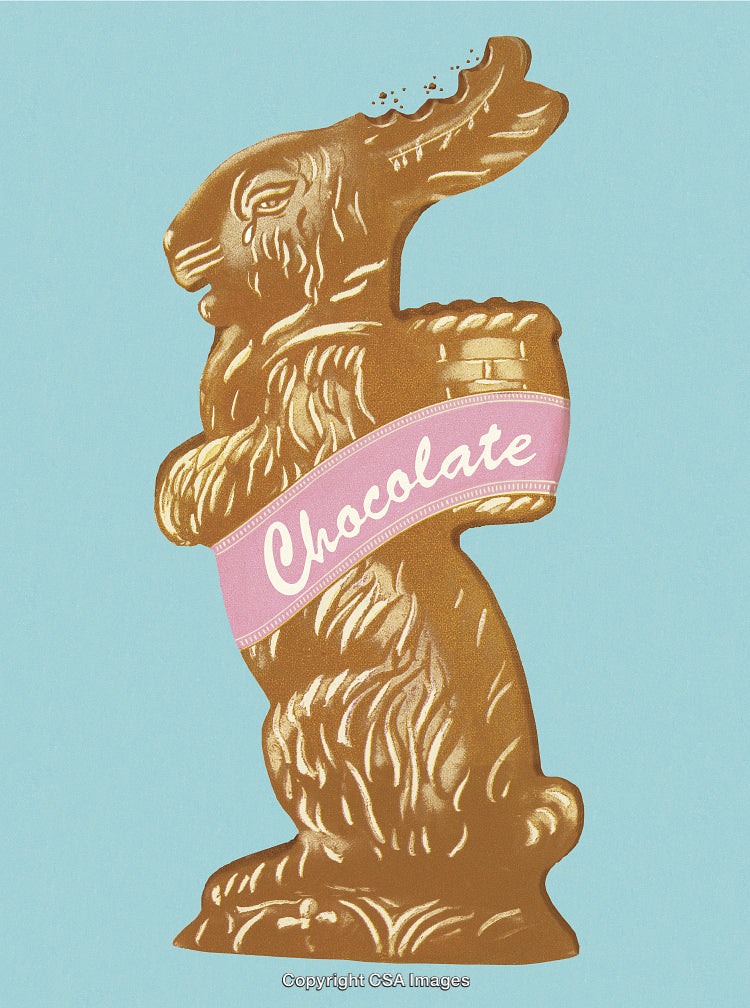 Illustration of a Golden Chocolate Bunny with a Pink Ribbon on Blue Background