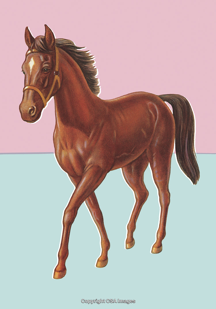 Elegant Illustration of a Galloping Brown Horse on Pastel Background