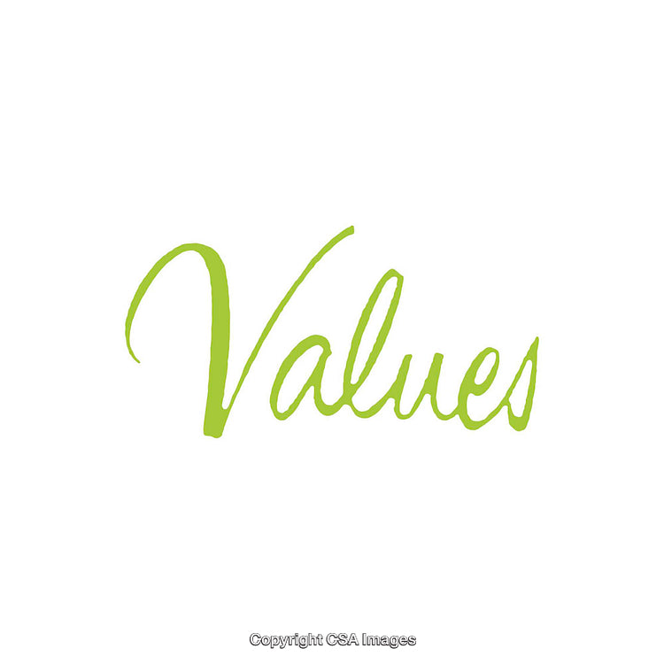 Green Calligraphic Text Depicting the Word Values on White Background