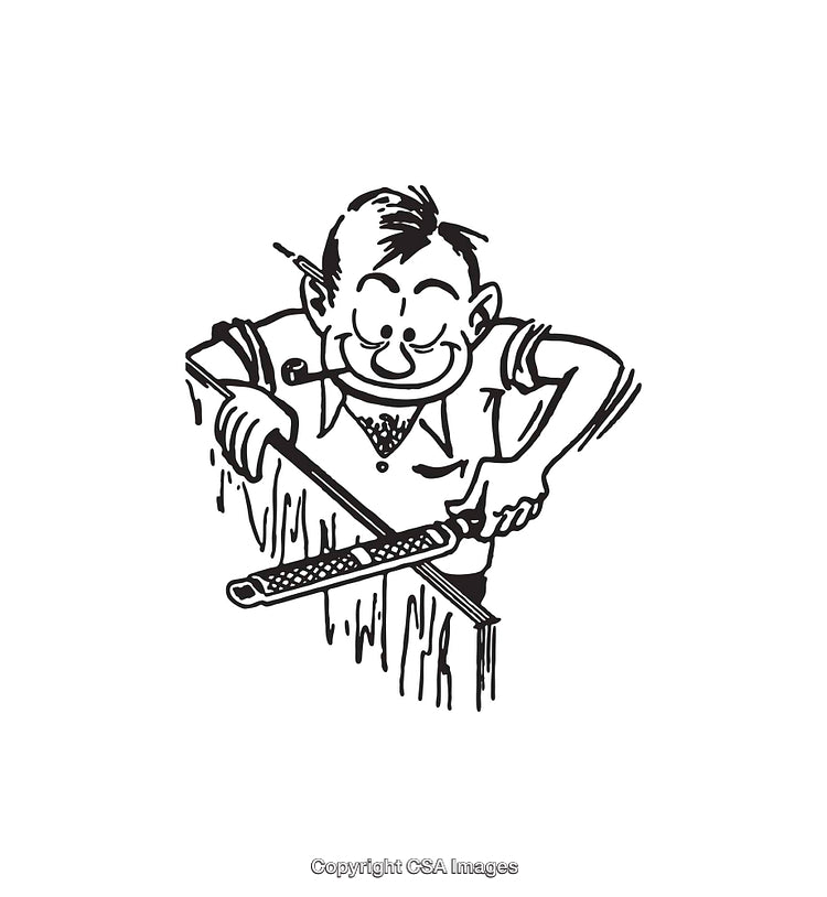 Vintage Cartoon of a Cheerful Worker Filing Wood in Black and White