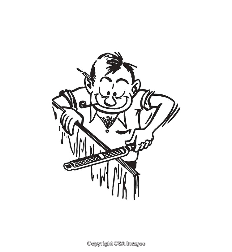 Vintage Cartoon of a Cheerful Worker Filing Wood in Black and White