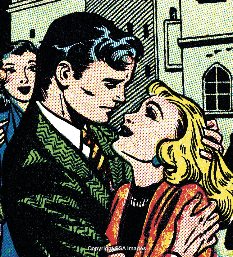 Romantic Couple Embracing in Vintage Comic-Style Artwork