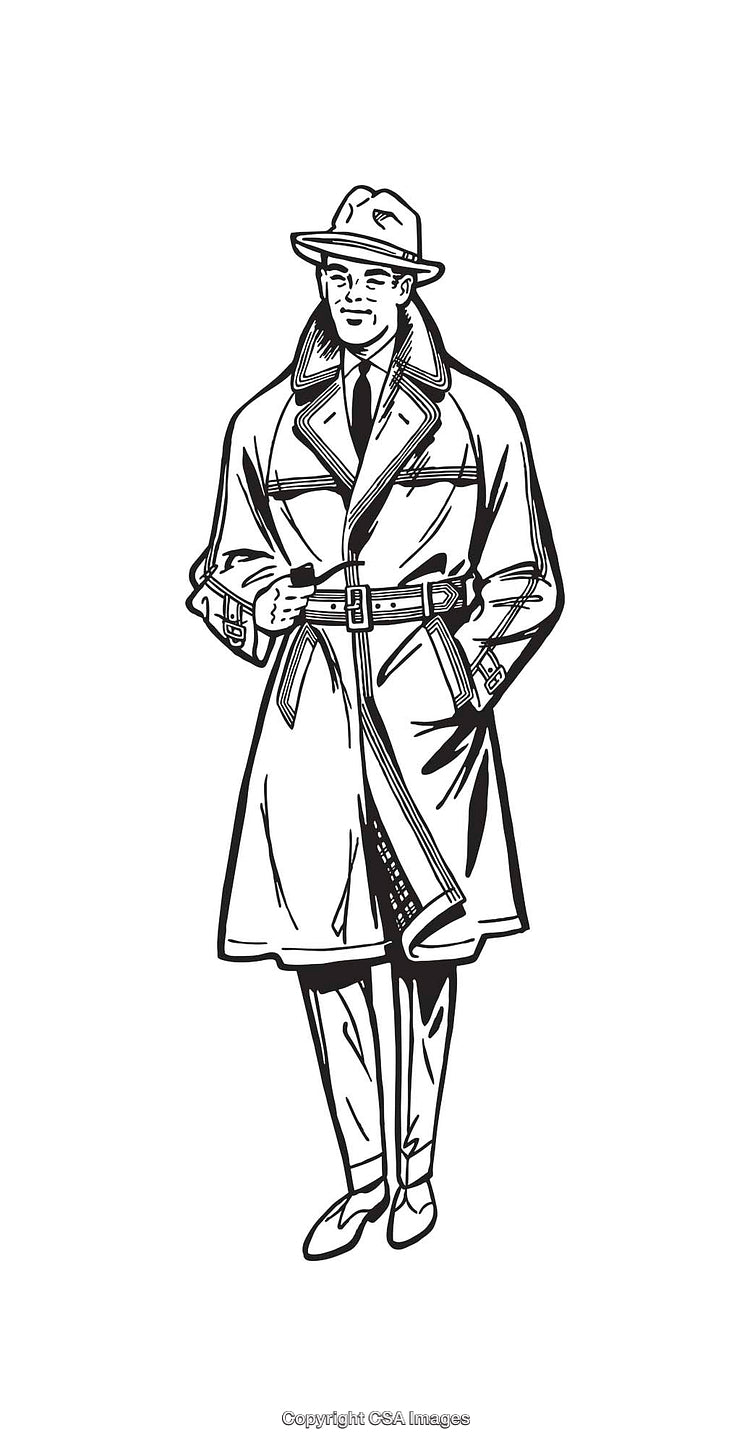 Vintage Black and White Illustration of a Man in a Trench Coat