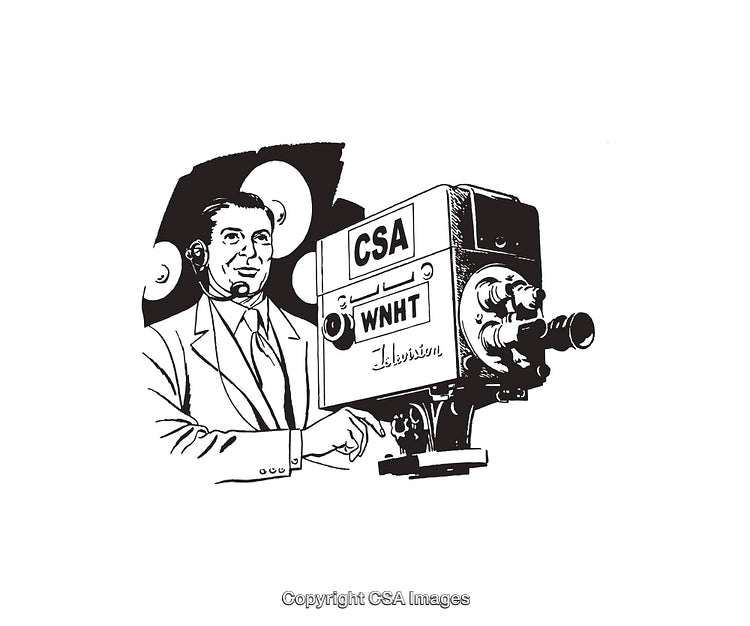 Vintage Line Art of TV Broadcaster Operating Retro Studio Camera Setup