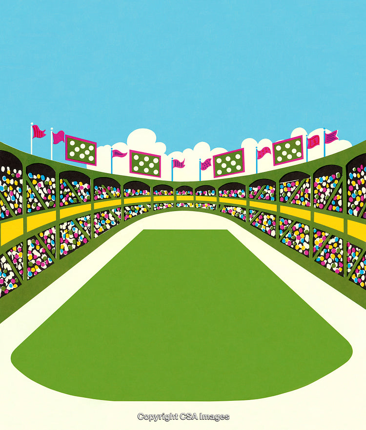 Colorful Stadium Illustration with Cheering Crowd Under Clear Blue Sky