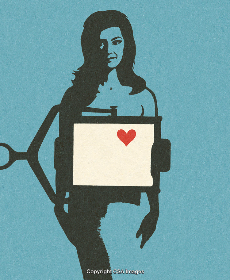 Silhouette Art of Woman with Heart Symbol and Retro Design Aesthetic