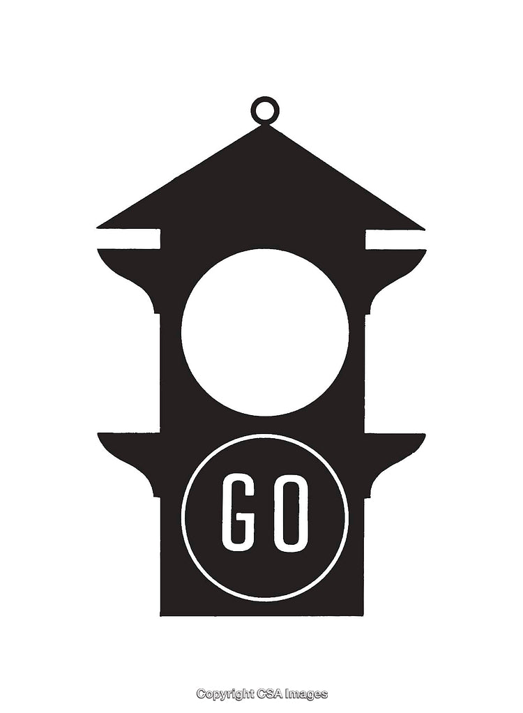 Black and White Traffic Signal Illustration With Circular 'Go' Text