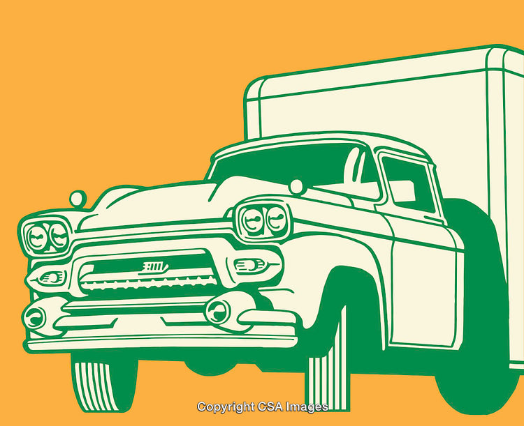 Vintage Box Truck Line Art Illustration on Yellow Background