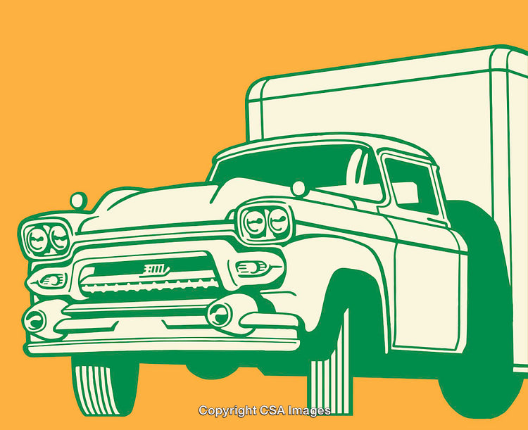 Vintage Box Truck Line Art Illustration on Yellow Background