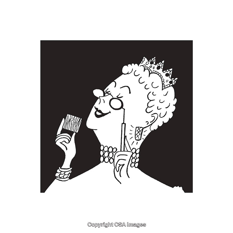 Elegant Royal Lady Holding Comb and Monocle in Vintage Line Art