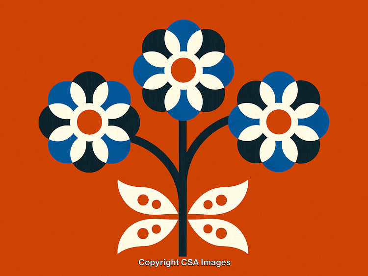 Retro Floral Illustration with Stylized Flowers on an Orange Background