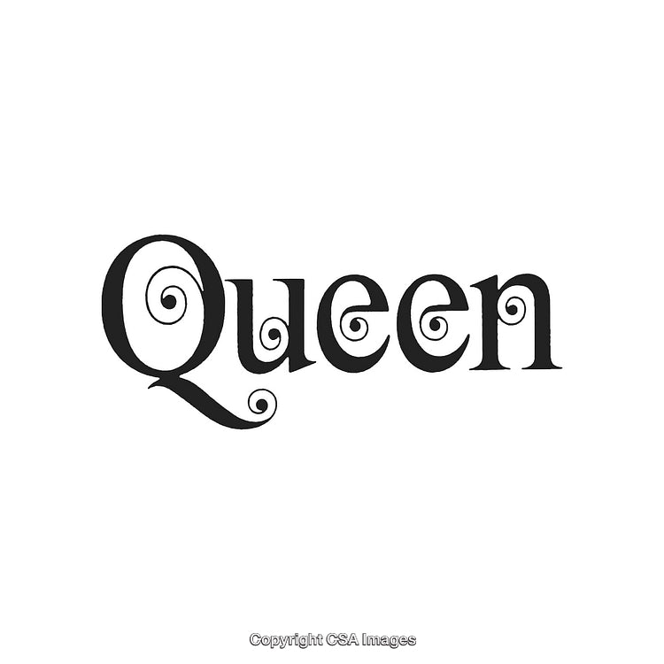 Decorative Black Queen Text With Artistic and Whimsical Swirl Elements