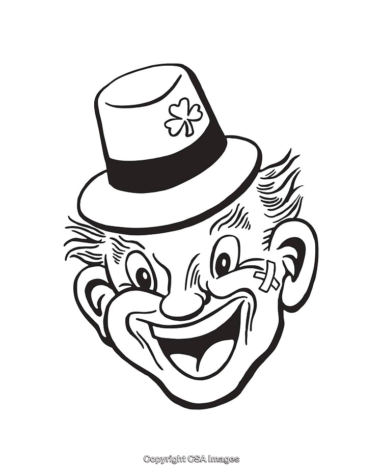 Smiling Cartoon Leprechaun Face with Hat and Shamrock Line Art