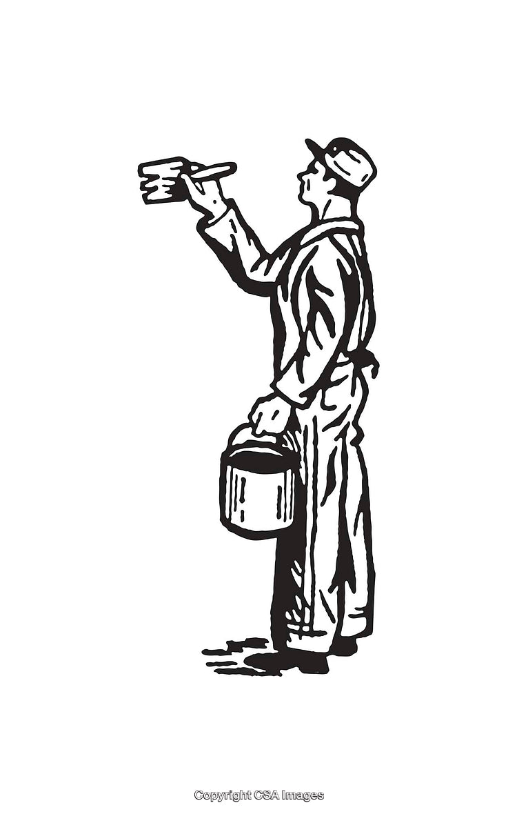 Black and White Line Art of a Painter at Work with Paint Bucket