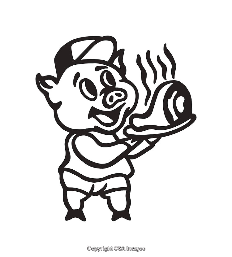 Charming Black and White Line Art Pig Serving a Steaming Dish