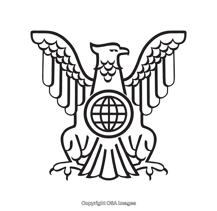 Black and White Line Art of an Eagle With Globe Motif