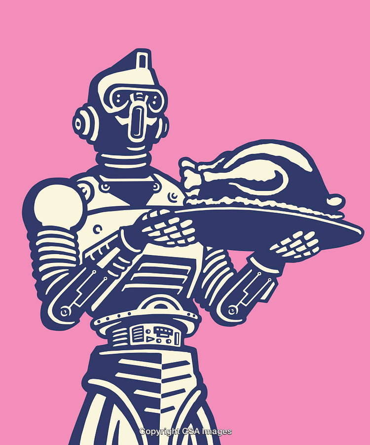 Retro Style Line Art of Robot Serving Cooked Meal on Pink Background