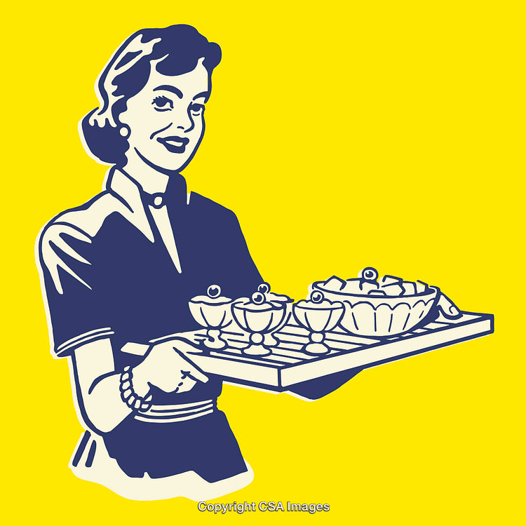 Retro Line Art of Woman Serving Desserts on Yellow Background