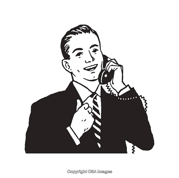 Vintage Businessman Talking on a Telephone in Black and White Illustration