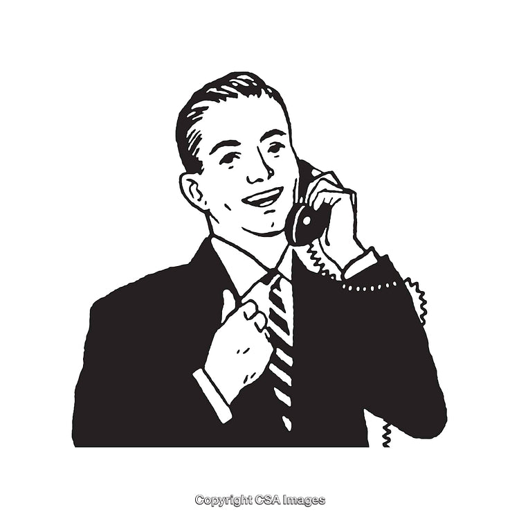 Vintage Businessman Talking on a Telephone in Black and White Illustration