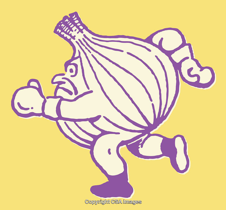 Cartoon Onion Character with Boxing Gloves on Yellow Background