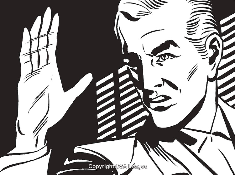 Retro Comic Illustration of Man Gesturing With Raised Hand in Monochrome Style