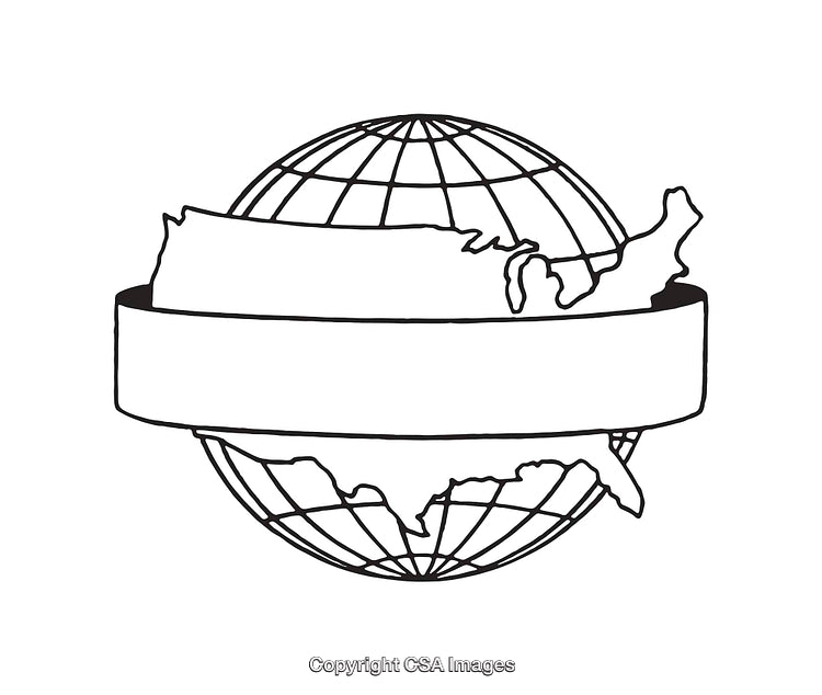 Black and White Line Art of USA Map on Globe with Banner