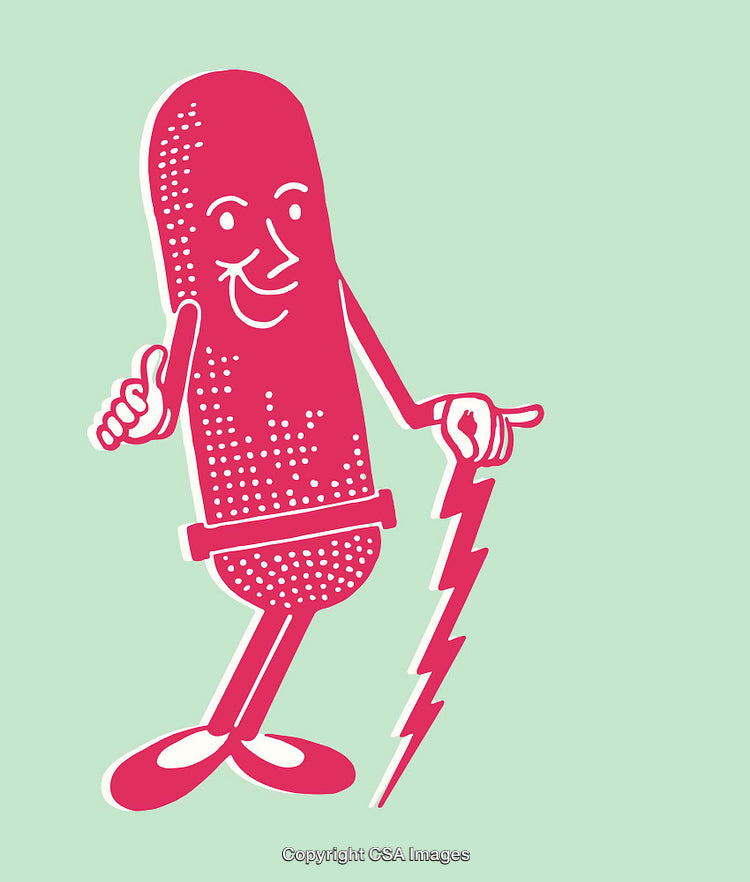 Retro Styled Line Art of Smiling Pill Character Holding Electric Bolt