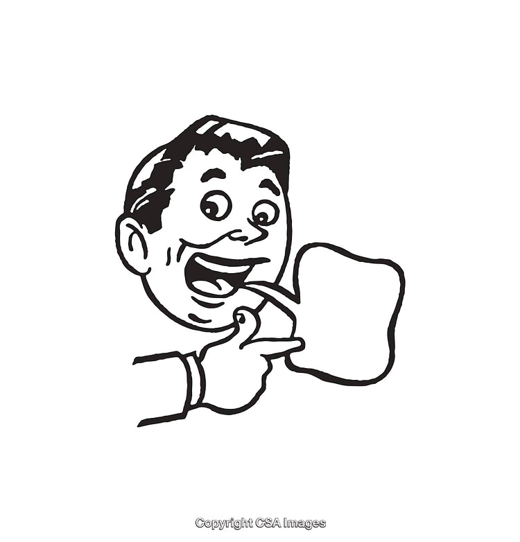 Black and White Retro Illustration of a Smiling Character With Text Cloud