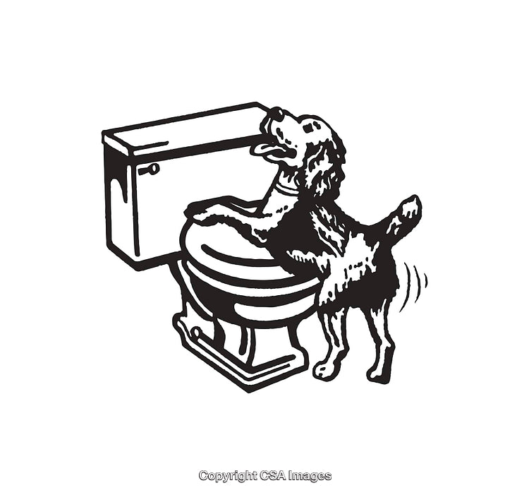 Playful Dog Reaching Toilet in Whimsical Black and White Illustration