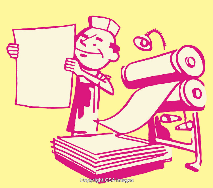 Cheerful Worker Operating Printing Press in Retro Style Illustration