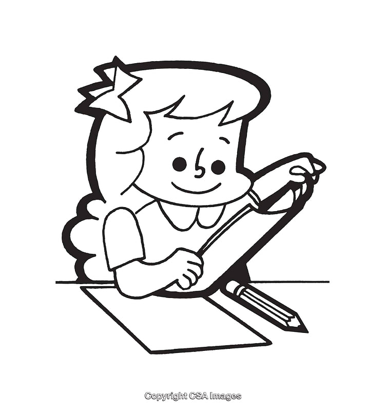 Black and White Illustration of a Girl Drawing With a Large Pencil