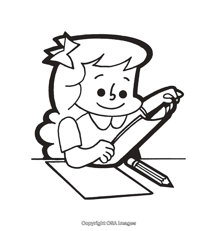 Black and White Illustration of a Girl Drawing With a Large Pencil