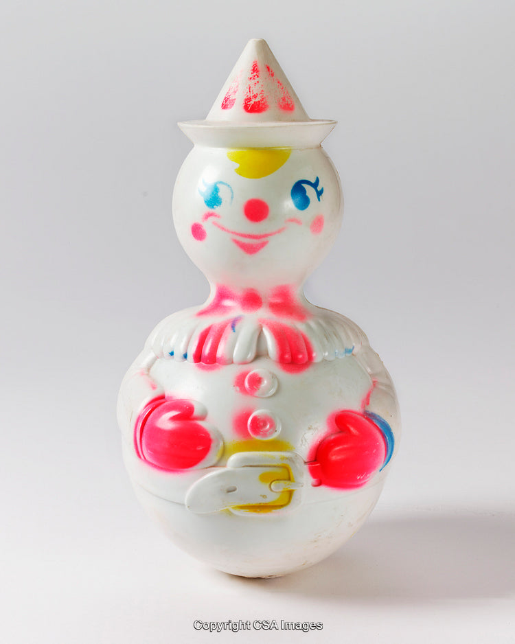 Colorful Vintage Plastic Toy Clown in White with Bright Accents