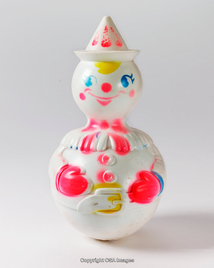 Colorful Vintage Plastic Toy Clown in White with Bright Accents