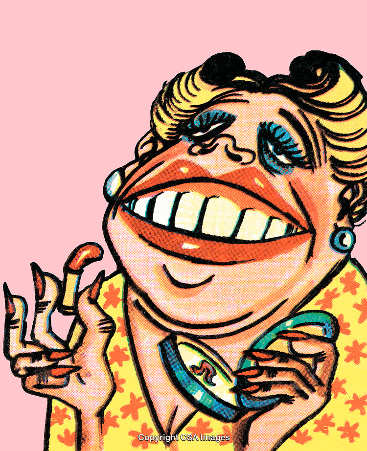 Humorous Illustration of a Woman Applying Lipstick in Vibrant Colors