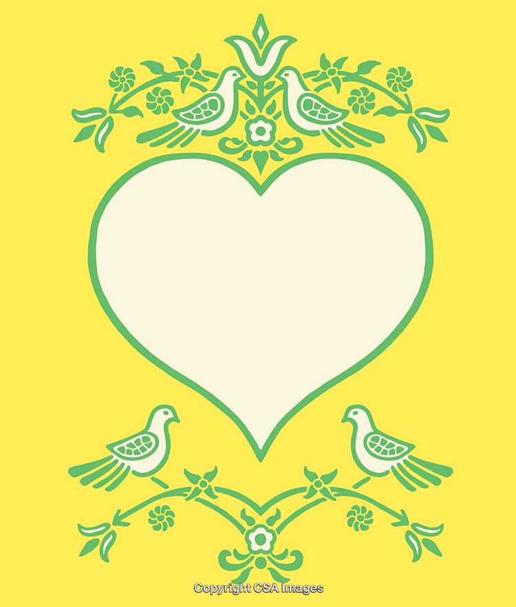 Decorative Illustration with Heart, Doves, and Floral Motifs on Yellow Background