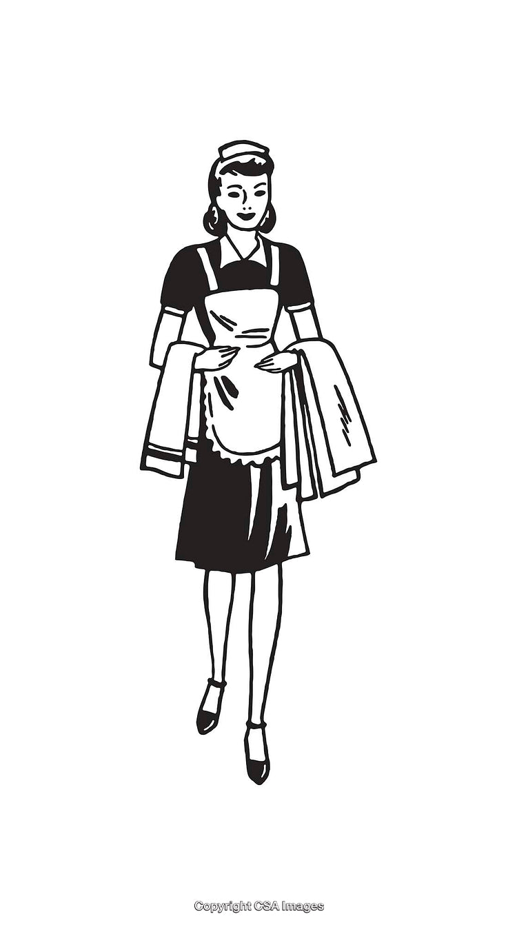 Vintage Black and White Illustration of a Maid Holding Towels