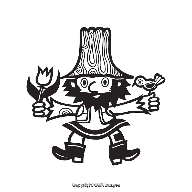 Whimsical Black And White Line Art of a Person with a Bird and Flower
